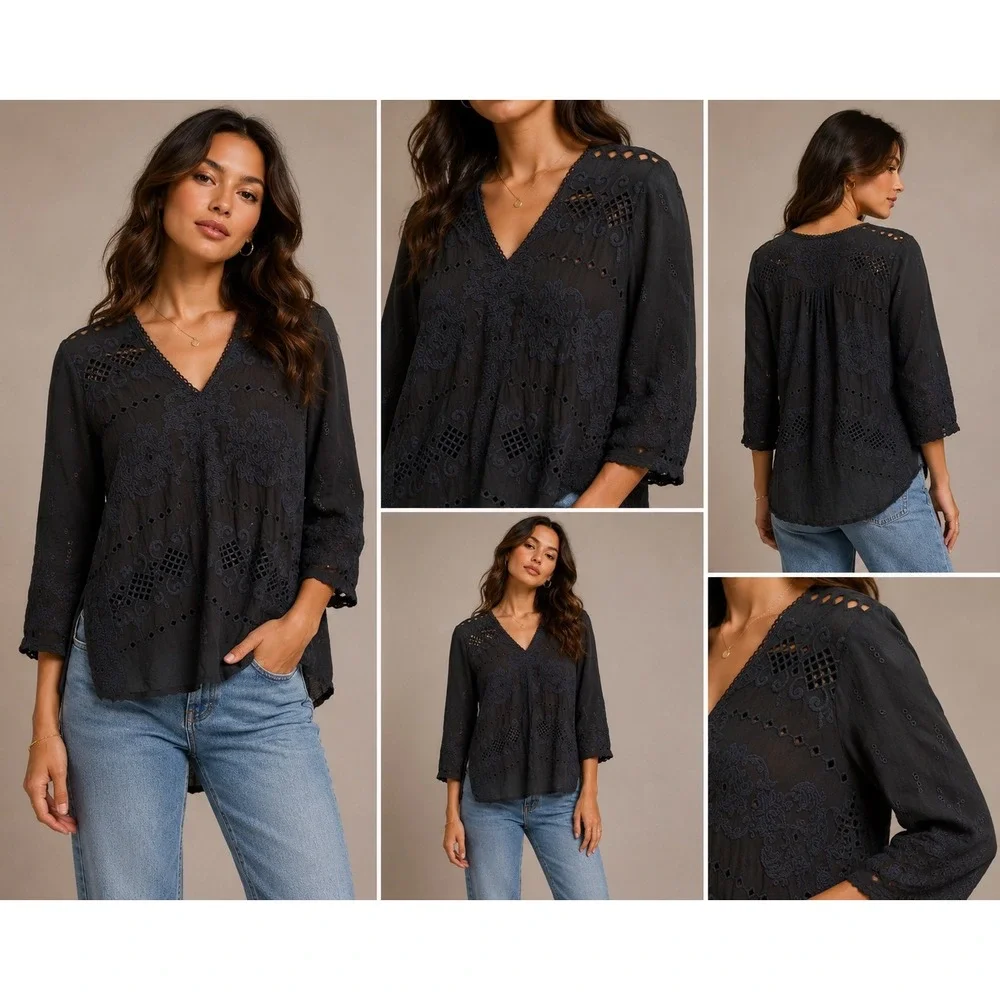 Johnny Was Sophia Top in Black Embroidered Eyelet‎ Popover Semi Sheer Boho Small